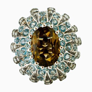 White Gold Cluster Ring with Diamonds, Aquamarines and Smoky Topaz