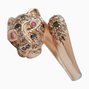 Bague Panthère en Or Rose avec Diamants Noirs et Blancs et Rubis