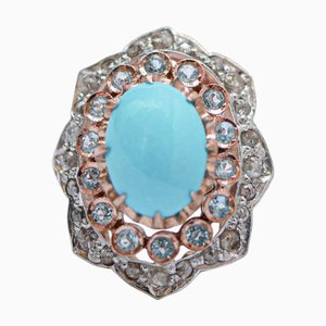 Bague en or rose et argent avec turquoise, aigue-marine et diamants