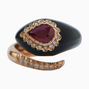 18 Karat Rose Gold Snake Ring with Onyx, Ruby and Diamonds
