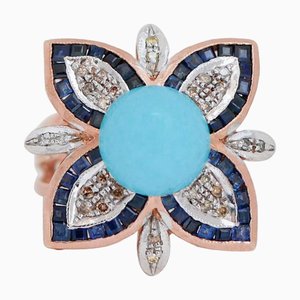 Ring aus 18 Karat Roségold und Silber mit Magnesit, Saphiren und Diamanten