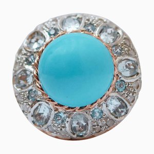 18 Karat Rose Gold and Silver Ring with Magnesite, Aquamarine Topazs and Diamonds