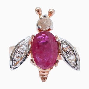 Fliegenring aus 18 Karat Roségold und Silber mit Rubin und Diamanten