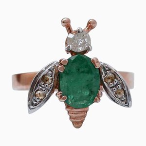 18 Karat Rose Gold and Silver Fly Ring with Emerald and Diamonds