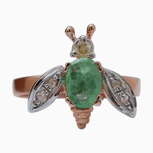 18 Karat Rose Gold and Silver Fly Ring with Emerald and Diamonds