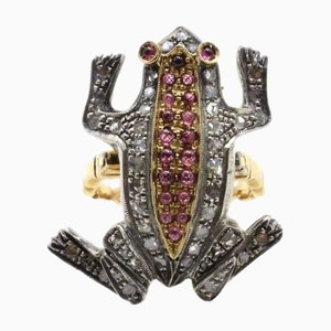 Froschring aus 18 Karat Gold und Silber mit Diamanten und Granaten