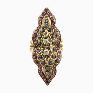 Ring aus 18 Karat Roségold und Silber mit Diamanten, Rubinen und blauen Saphiren