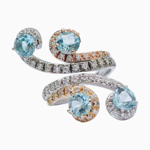 18 Karat White and Rose Gold Ring with Aquamarine Topazs and Diamonds