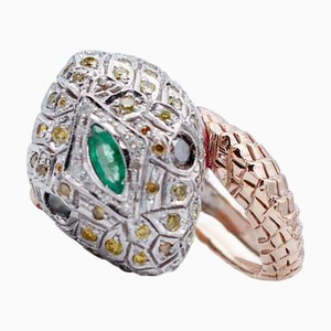 Schlangenring aus 18 Karat Roségold und Silber mit Smaragd, Gelben und Schwarzen Diamanten