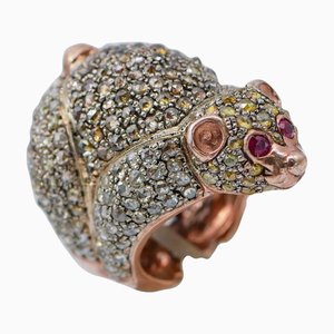 Bärenring aus 18 Karat Roségold und Silber mit Rubinen und Diamanten