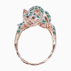 Katzenring aus 18 Karat Roségold und Silber mit Grünen Steinen und Schwarzen Diamanten