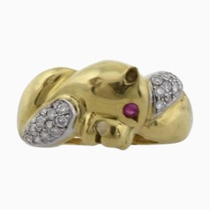 Ring aus 18 Karat Gelb- und Weißgold in Tierkopfform mit Diamanten und Rubinen