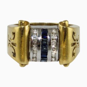Yellow and White Gold Ring with Diamonds and Sapphires