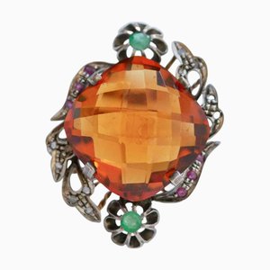Ring aus 18 Karat Roségold und Silber mit Topas, Smaragden, Rubinen und Diamanten