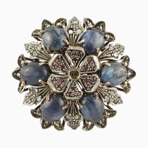 Gold and Silver Flowery Ring with Rubies, Blue Sapphires and Diamonds