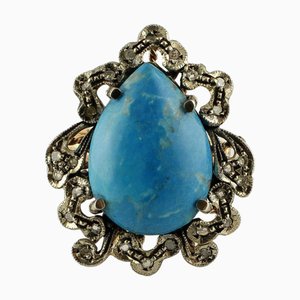 18 Karat Gold and Silver Cocktail Ring with Diamond and Stone