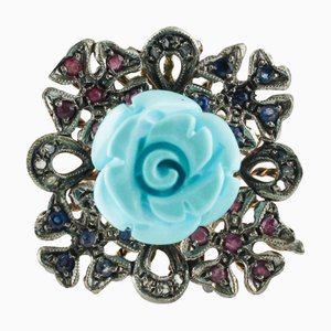 Bague Grappe en Or Rose et Argent avec Diamants, Rubis, Saphirs Bleus et Pâte de Turquoise