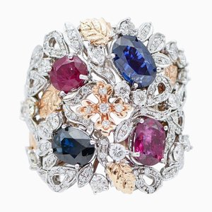 18 Karat White and Rose Gold Ring with Sapphires, Rubies and Diamonds