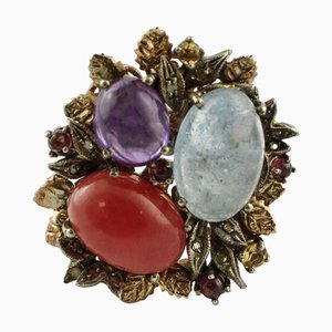 Rose Gold and Silver Ring with Aquamarine, Amethyst, Red Chalcedony and Yellow Topaz