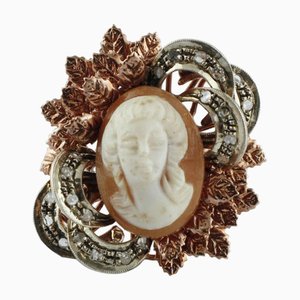 18 Karat Rose Gold and Silver Ring with Diamonds and Cameo
