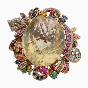 18 Karat Rose Gold and Silver Ring with Topaz, Rubies, Emeralds, Sapphires and Diamonds