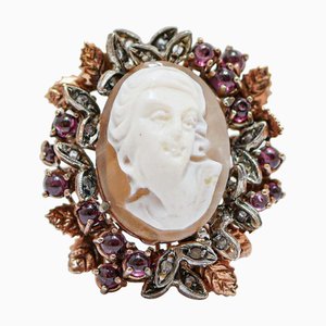 Ring aus 18 Karat Roségold und Silber mit Kamee, Diamanten und Granaten
