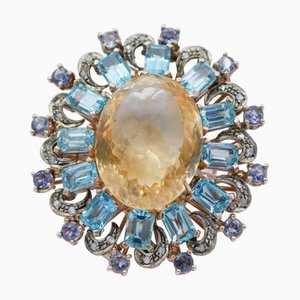 18 Karat Rose Gold and Silver Ring with Yellow and Blue Topazs, Tanzanite and Diamonds