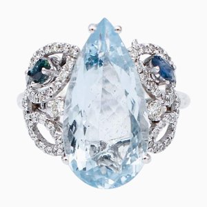 18 Karat White Gold Ring with Aquamarine, Sapphires and Diamonds