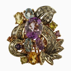18 Karat Rose Gold and Silver Cocktail Ring with Aquamarine, Diamonds and Topazs