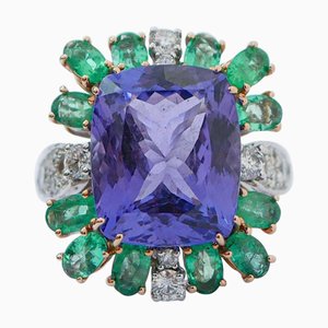 18 Karat White and Rose Gold Ring with Tanzanite, Emeralds and Diamonds