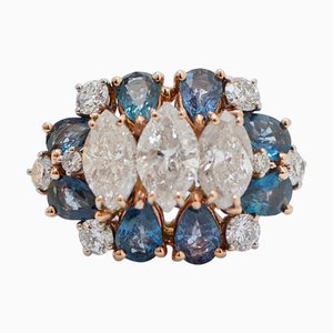 Bague en Or Blanc avec Diamants Navette, Diamants et Saphirs