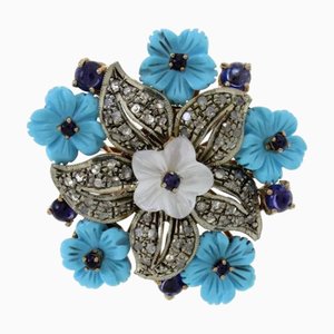 18 Karat Gold and Silver Cocktail Ring with Diamonds, Turquoise Paste, White Stones and Sapphires