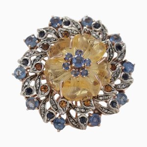 18 Karat Gold and Silver Daisy Ring with Sapphire, Topaz, Quartz and Diamond