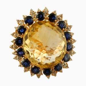 Vintage 18 Karat Rose Gold Ring with Yellow Topaz, Diamonds and Blue Sapphires