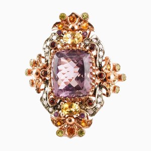 18 Karat Gold and Silver Ring with Amethysts, Topazes, Garnets, Peridots and Diamonds