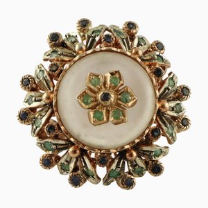 Ring aus 18 Karat Gold und Silber mit Bergkristall, Diamanten, Smaragden und blauen Saphiren mit