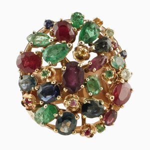 Handgefertigter Cluster-Ring aus 18 Karat Gold mit Diamant, Rubin, Saphir und Smaragd