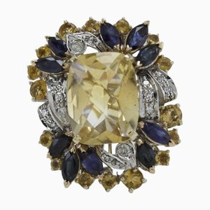 Cluster-Ring aus 18 Karat Gold mit Diamanten, blauen Saphiren und gelbem Topas