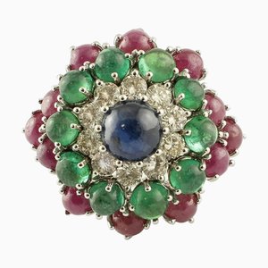 18 Karat White Gold Cluster Ring with Blue Sapphire, Diamonds, Emeralds and Rubies