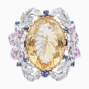 Ring aus 18 Karat Weißgold mit Gelbem Topas, Rubinen, Saphiren und Diamanten