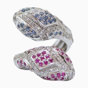 18 Karat White Gold Snake Ring with Rubies, Sapphires and Diamonds