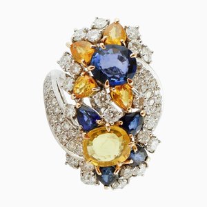 18 Karat White Gold Flower Ring with Diamonds, Yellow and Blue Sapphires