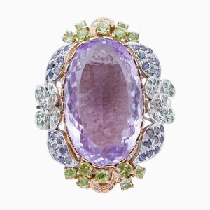 Ring aus 18 Karat Weiß- und Roségold mit Amethyst, Tsavorit, Iolith, Peridots und Diamanten