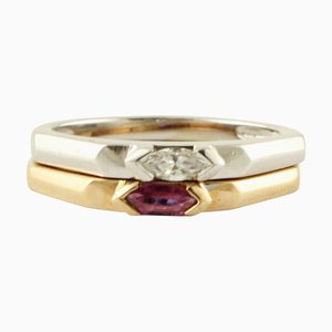 18 Karat White and Rose Gold Double Ring with Diamond and Ruby