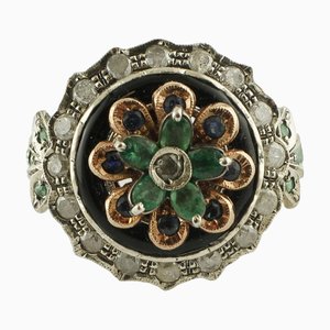 Ring aus 18 Karat Roségold und Silber mit Smaragden, blauen Saphiren, Diamanten und Onyx