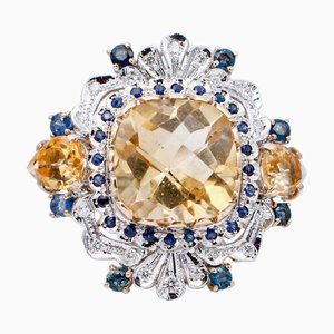 18 Karat Rose and White Gold Ring with Yellow Topazs, Sapphires and Diamonds