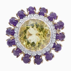 18 Karat Rose and White Gold Ring with Topaz, Amethysts and Diamonds
