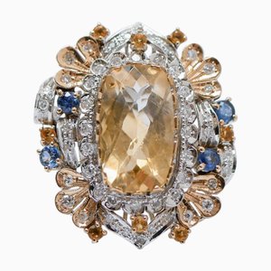 18 Karat White and Rose Gold Ring with Topaz, Sapphires and Diamonds