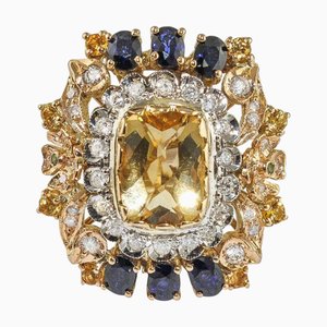 Anillo Corona de Oro Rosa de 18 Quilates con Diamantes, Zafiros, Topacio y Tsavorita