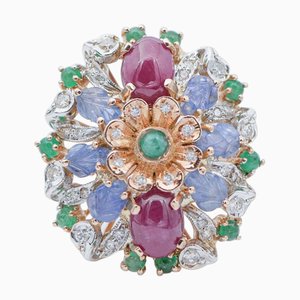 18 Karat White Gold Ring with Rubies, Sapphires, Emeralds, Diamonds and Rose